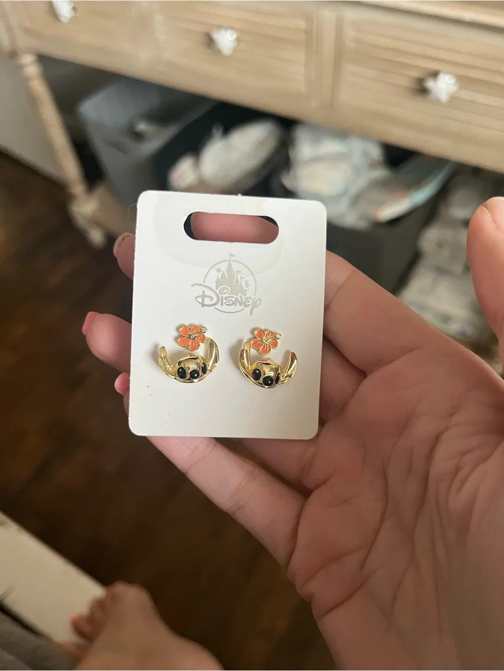 Disney Gold Stitch Flower Stud Earrings - Orange Accent